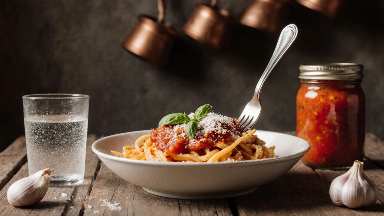 Těstoviny s rajčatovou omáčkou a parmezánem na dřevěném stole.