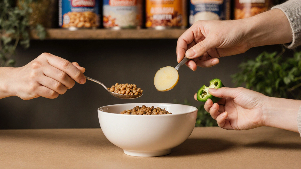 Tři ruky přidávají bílkoviny, uhlíky a zeleninu do společné mísy