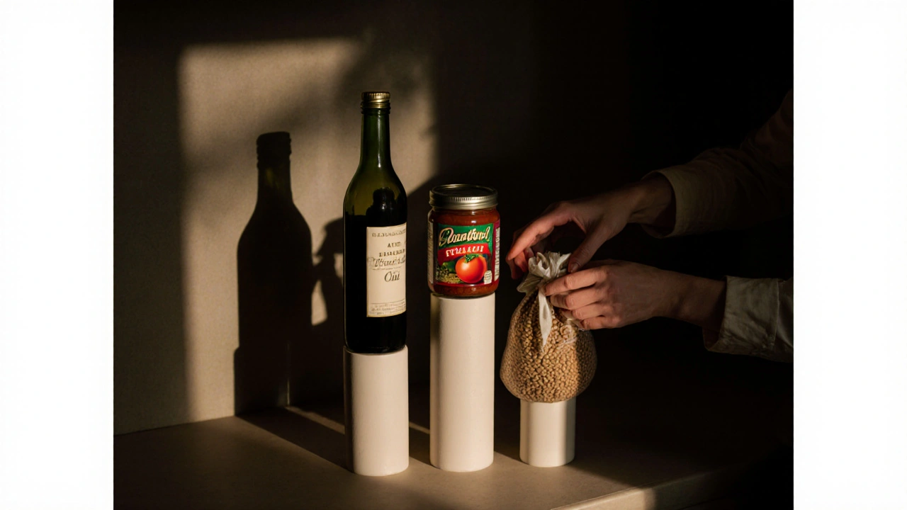 Tři základní suroviny v kuchyni: konzervovaná rajčata, olivový olej a čočka.