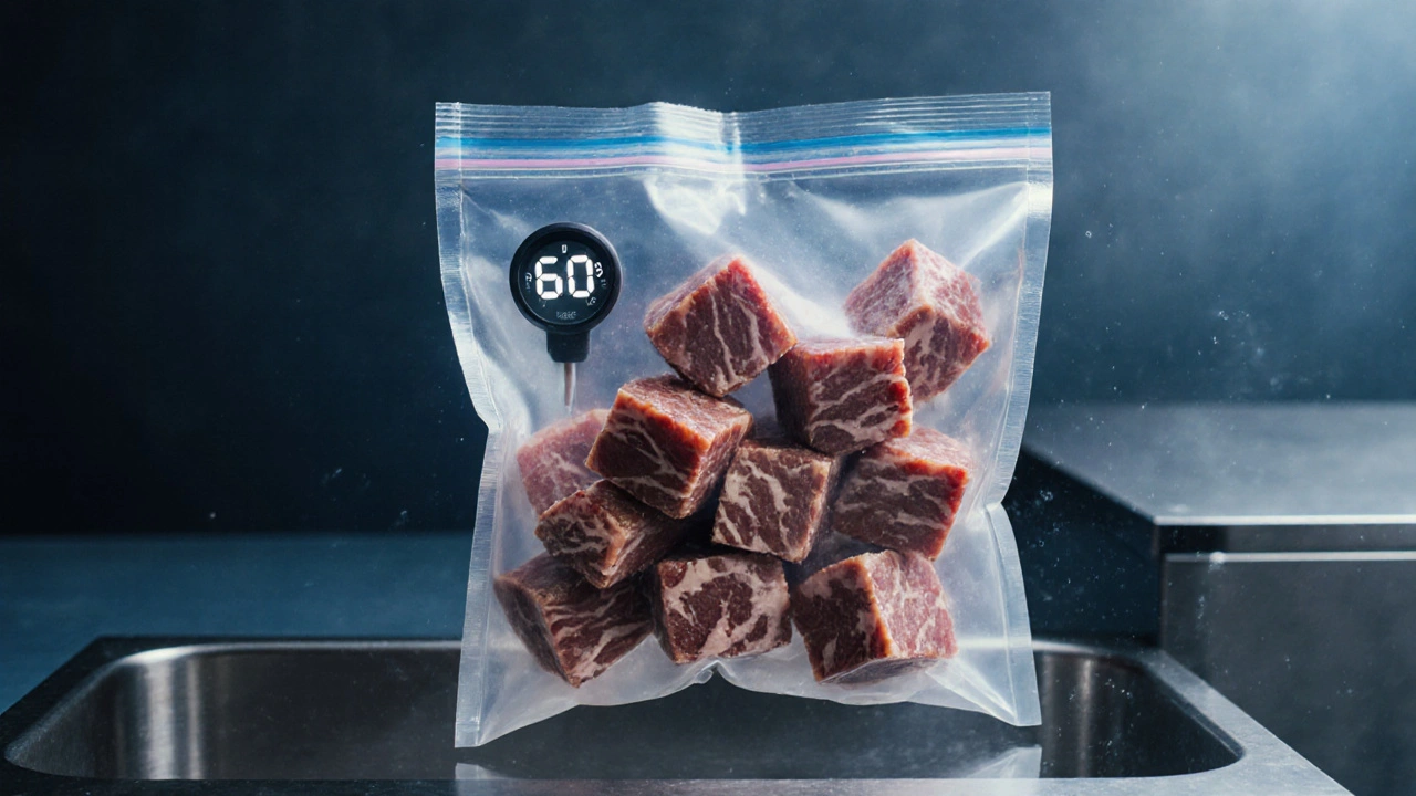 Vakuumované nice ve vodní lázni při 60 °C, připravované pomalým vařením.