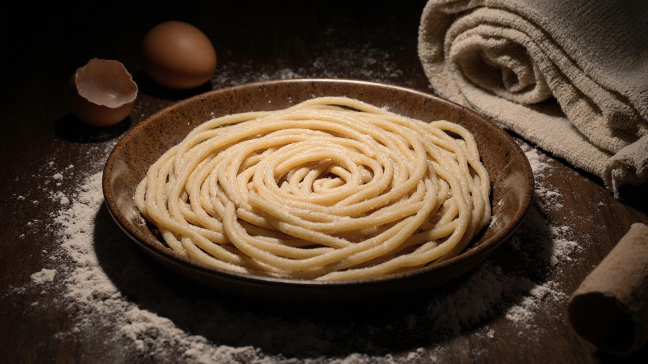 Vysušené domácí nudle uspořádané v spirále na keramickém talíři.