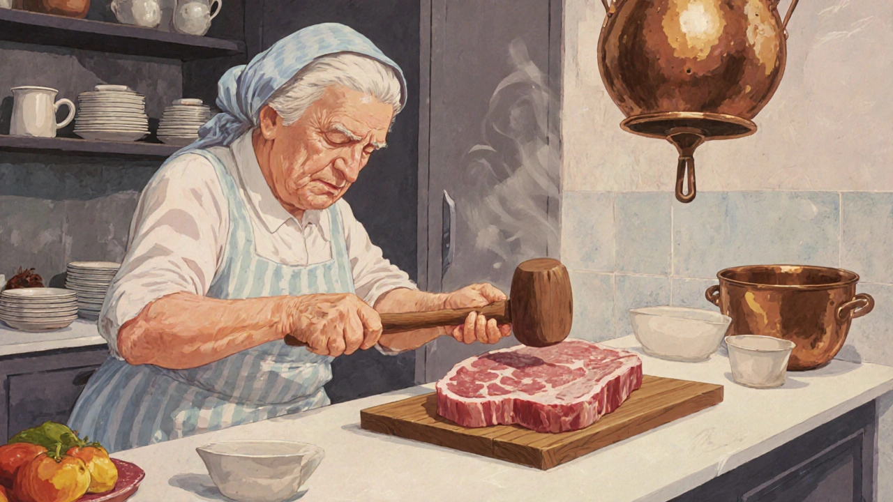 Žena v klasické české kuchyni podusí vepřové maso na dřevěné desce.