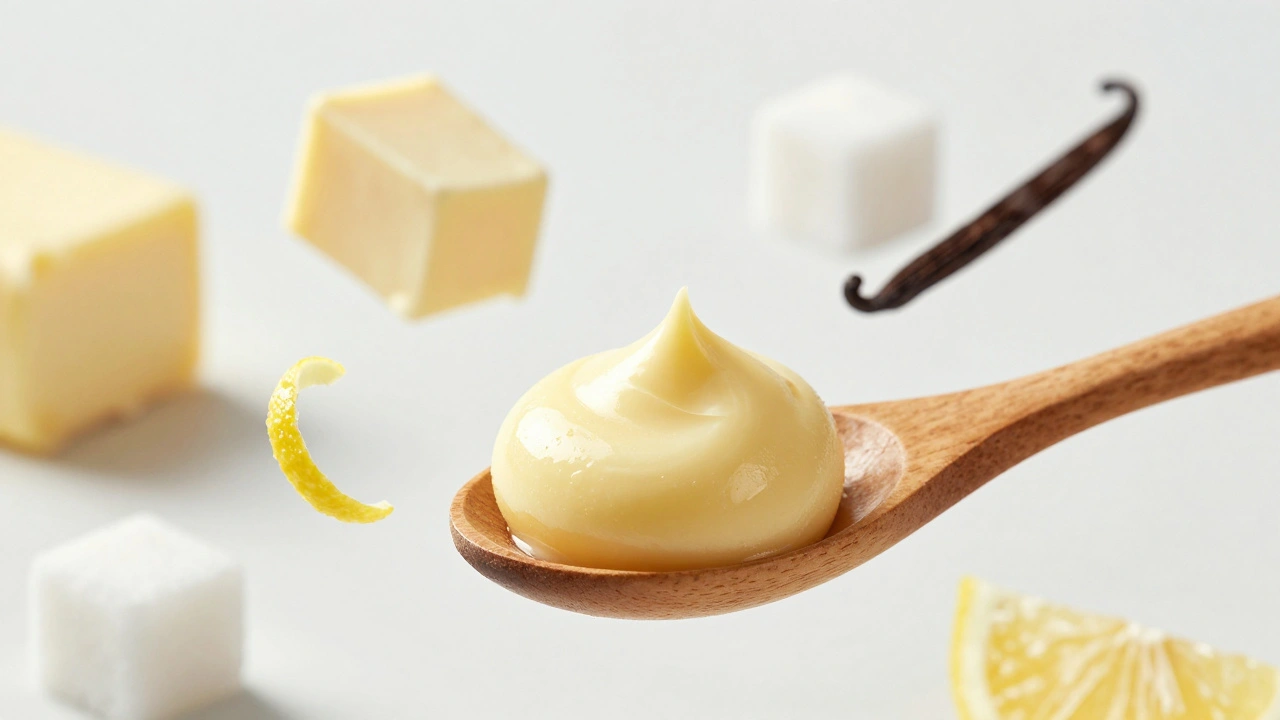 Dokonalý máslový krém na lžíci s přírodními přísadami ve vzduchu.