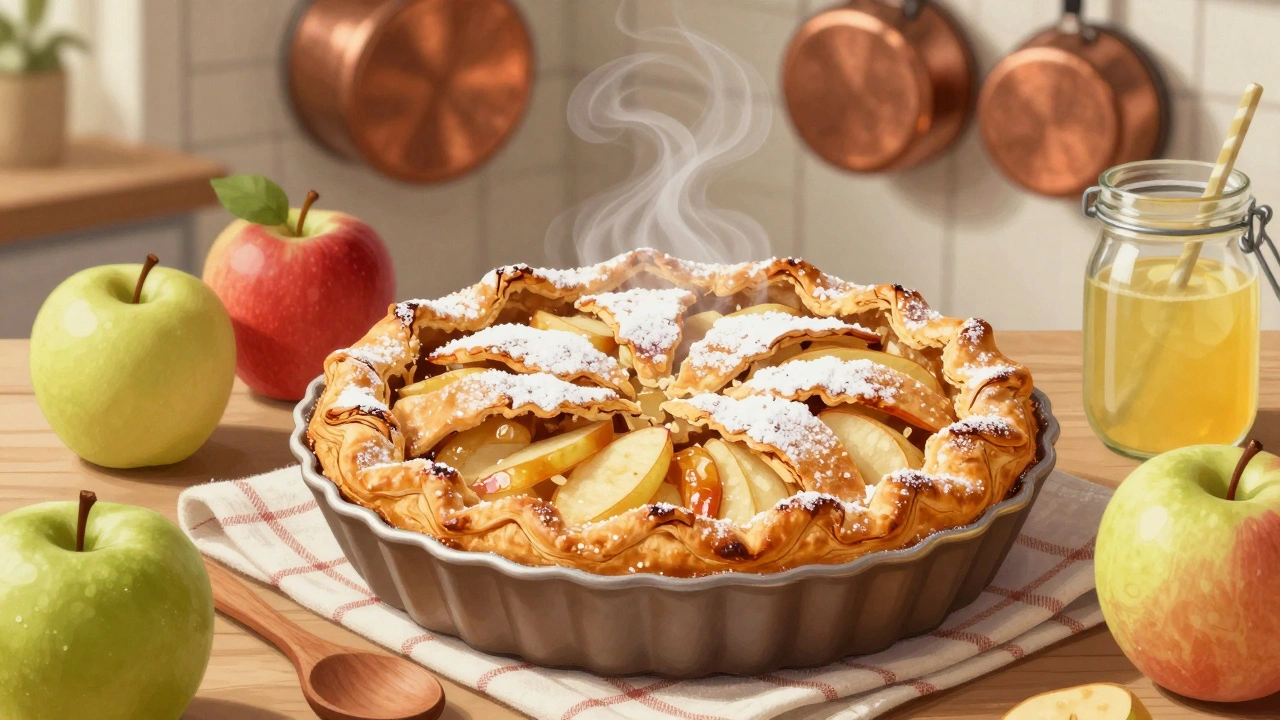 Doma pečený jablek koláč s zlatým těstem a horkými jablky uvnitř.