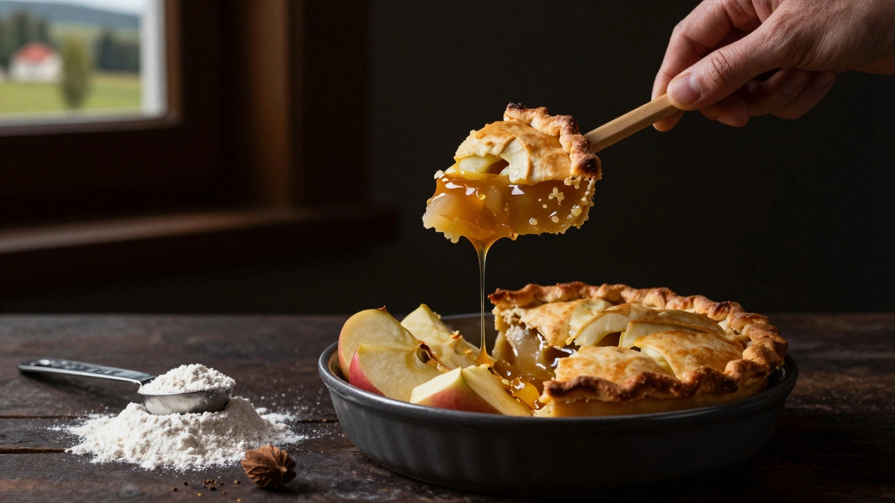 Dřevěná tyčinka pronikající horkým jablkovým koláčem, kapka šťávy padá.