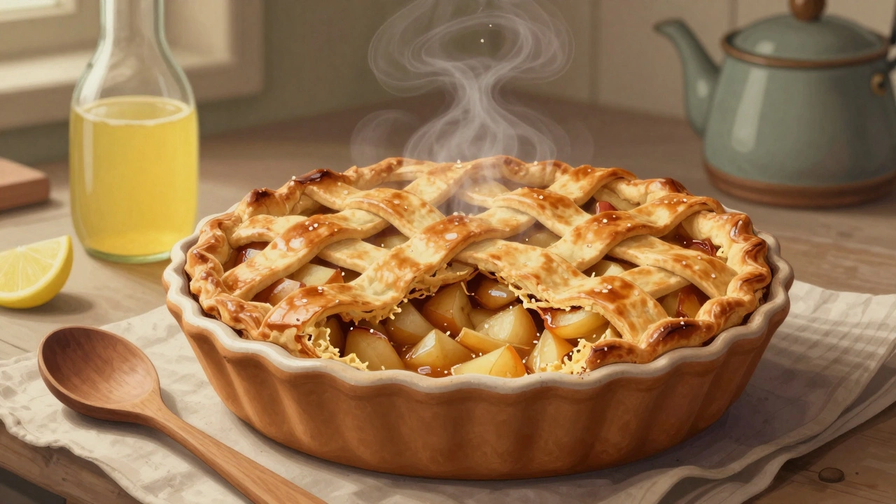 Klasický jablkový koláč v peci s zlatavou křupavkou a lehkým parou.