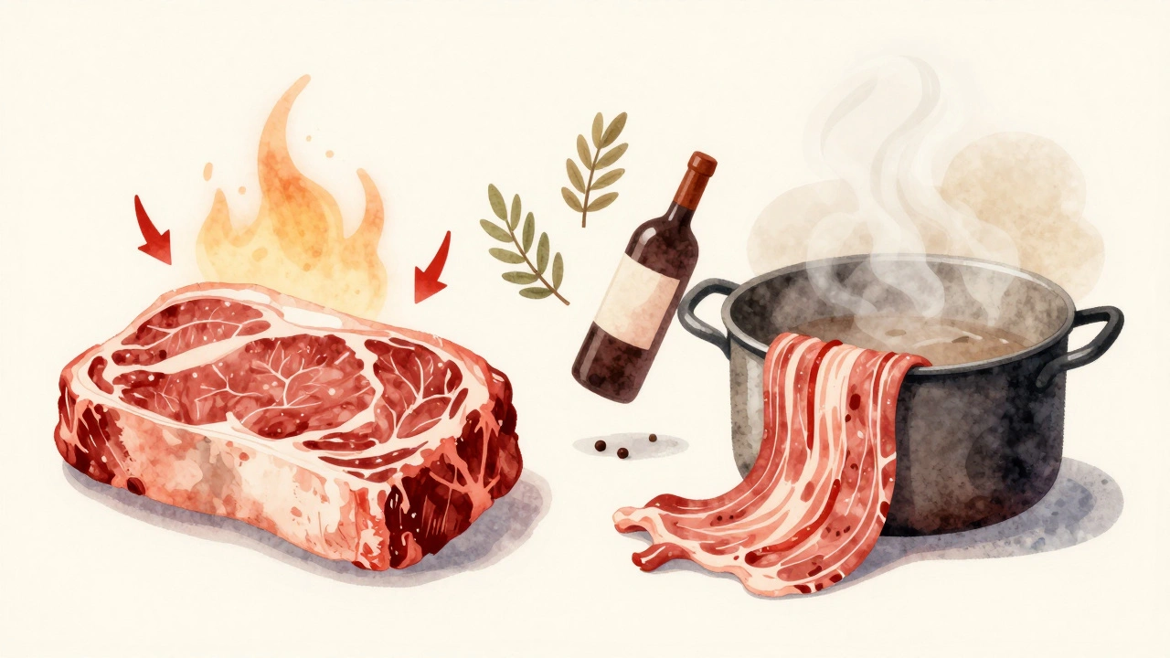 Koncepční ilustrace přeměny tvrdého masa na jemné vlákna při dusení.