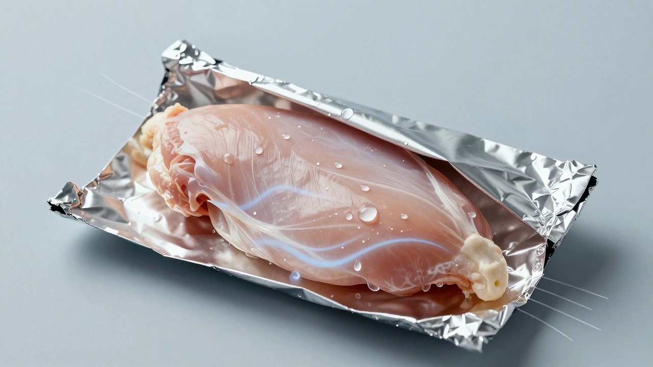 Kuřecí prsa odpočívající pod folií s viditelným přerozdělením šťávy.