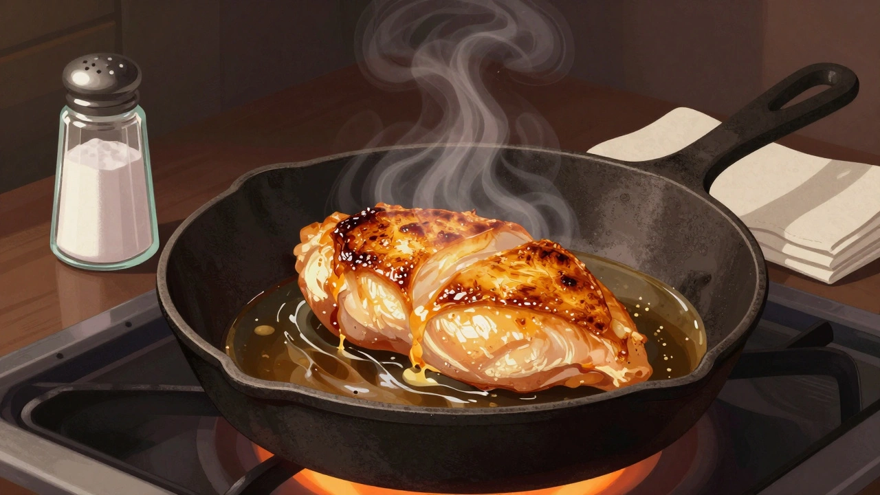 Kuřecí prsa smažená na pánvi s výparou a zlatistou kůrkou.