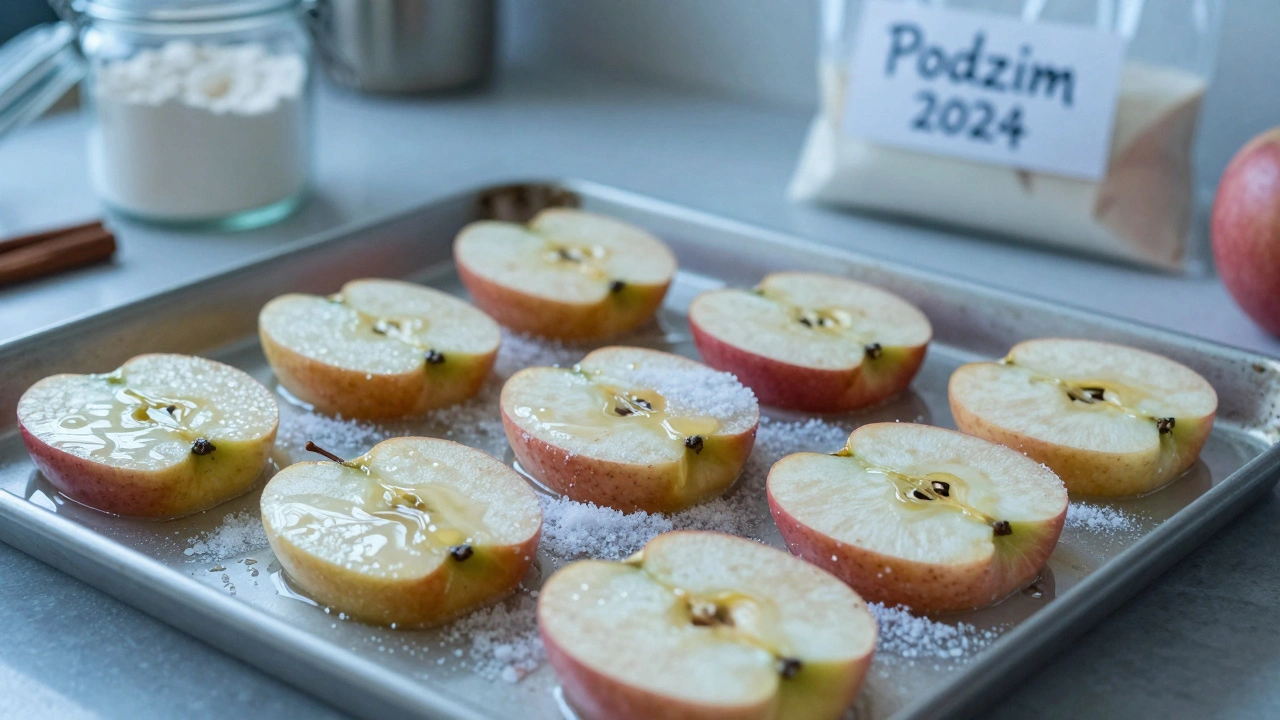 Nařezaná jablka na mrazícím plechu připravená na uložení.