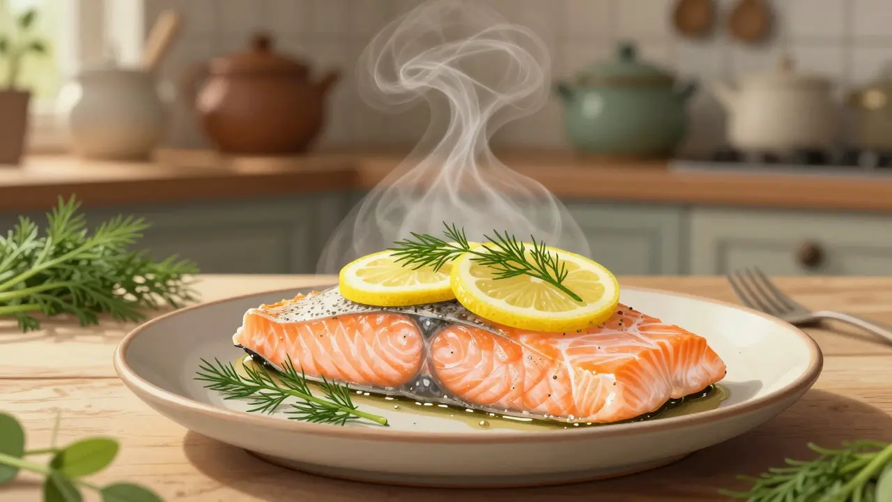 Pářená lososová fileta s citrónem a koperkem na keramickém talíři s jemným párou.