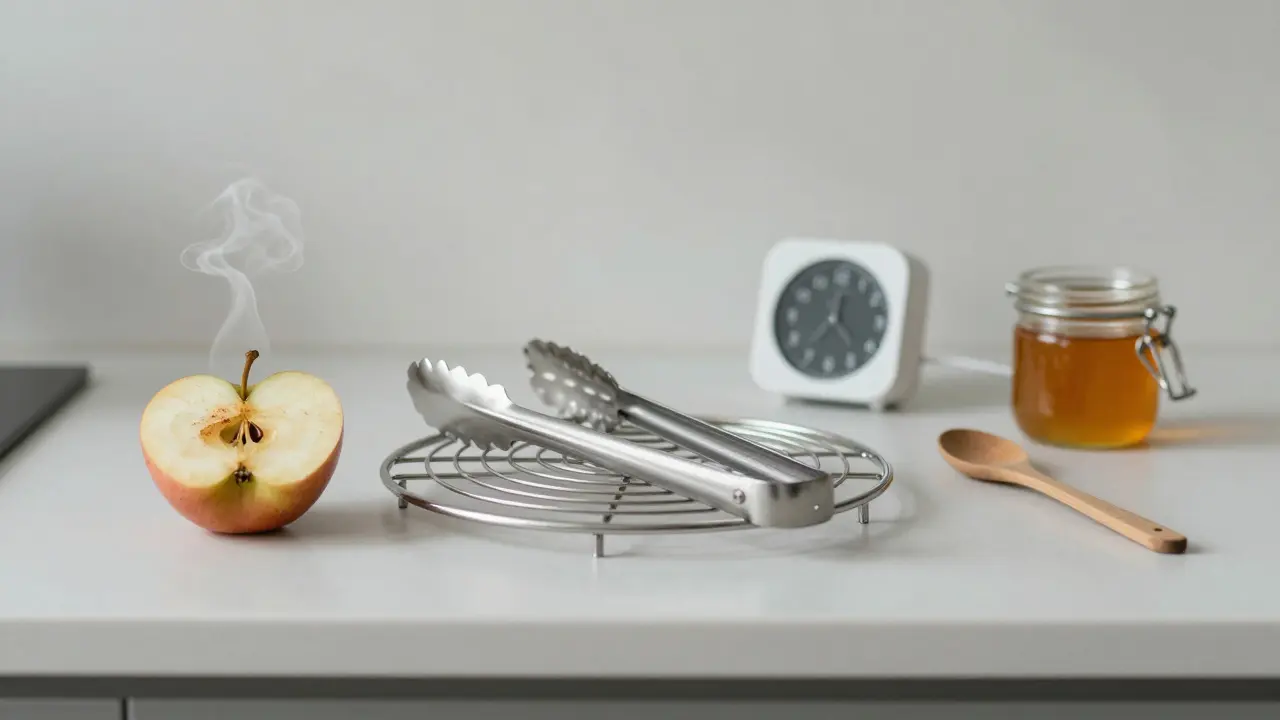 Pářené jablko s skořicí, časovač a lžíce medu na kuchyňském stole.