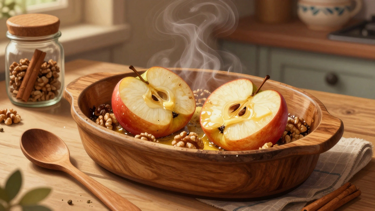 Pečená jablka s vlašskými ořechy a koriandrem v troubě.