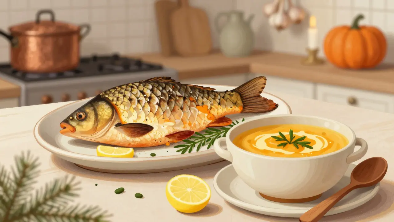 Pečený kapr s dýňovou polévkou na vánočním stole s bylinkami a citrónem.