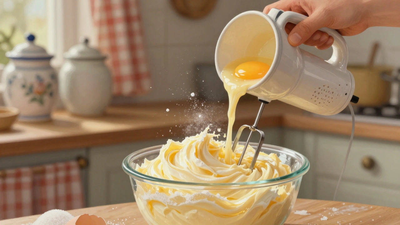 Ruční míchačka míchá máslový krém v české kuchyni s dřevěnými nářadími.