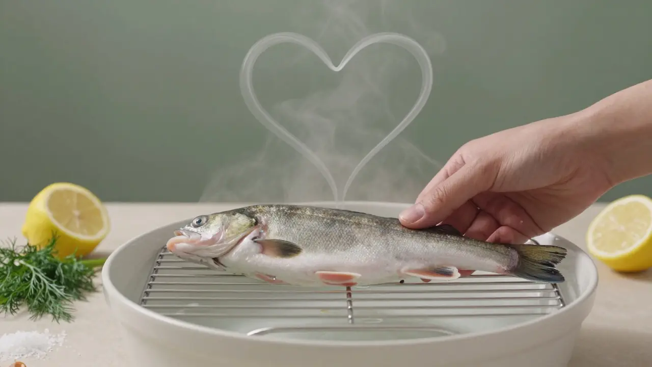 Ruka kladoucí říční sumce na pární mřížku, pára tvarující srdce.