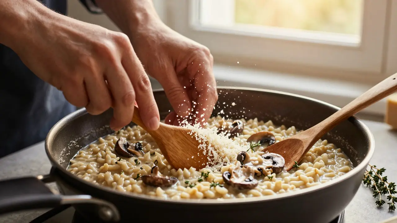 Ruky míchají rizoto s houbami a šunkou, sýr prachuje v záři odpoledního slunce.