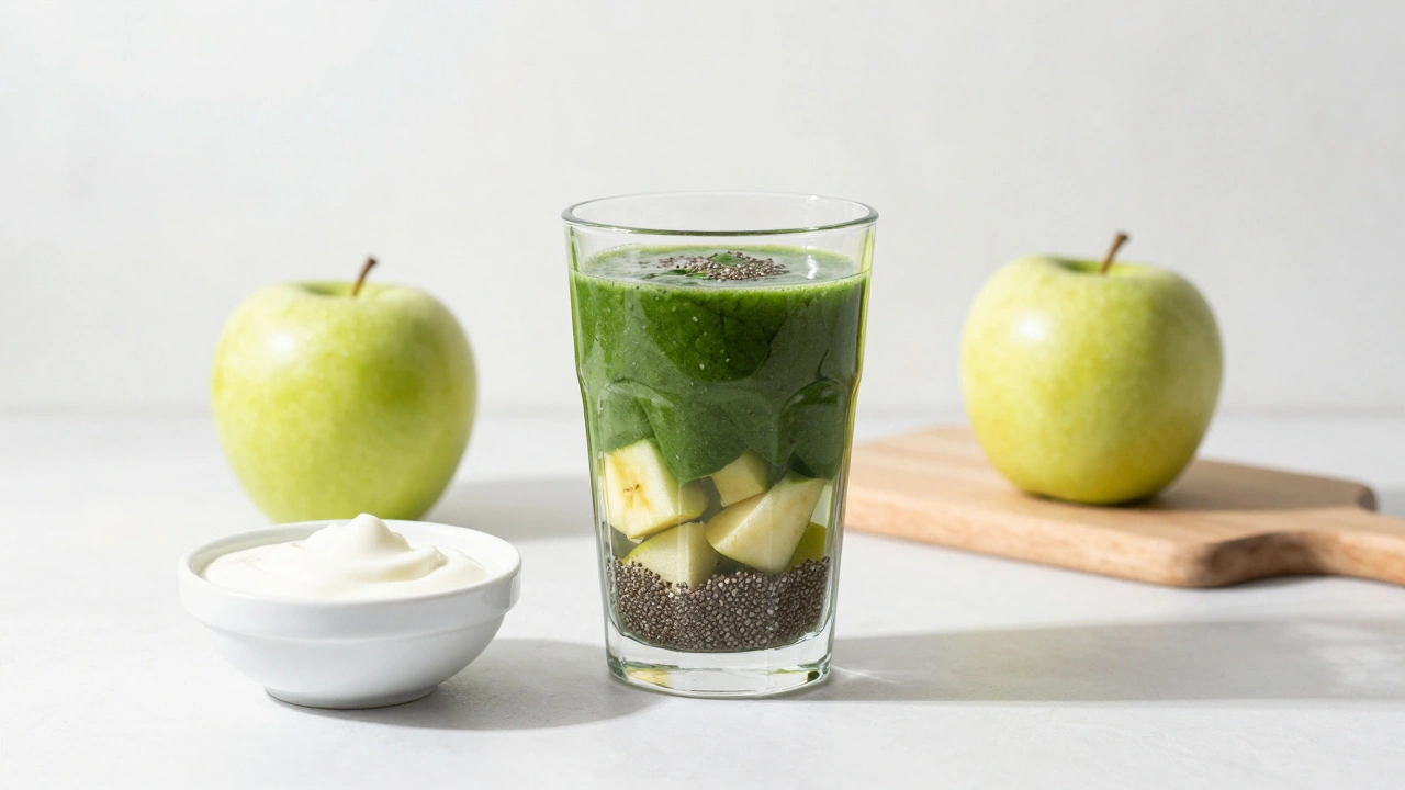 Smoothie z jablka, banánu a špenátu ve sklenici s jogurtem.