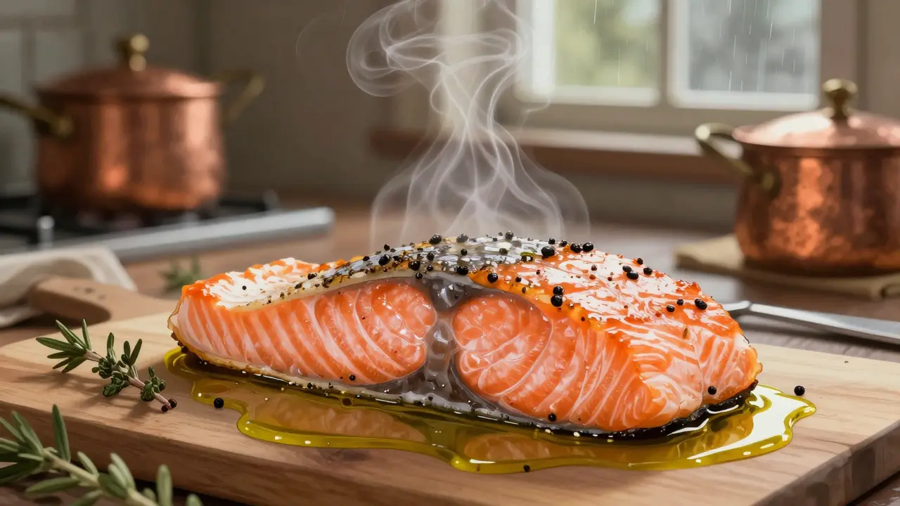 Uvařený losos se šupinami, které se lehce oddělují, s bylinkami a olejem.