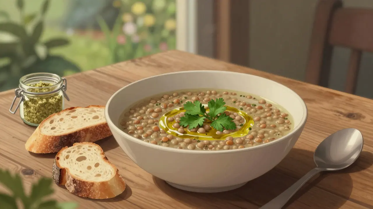 Chladná čočková polévka v mise s petrželkou a kouskem chleba na stole.