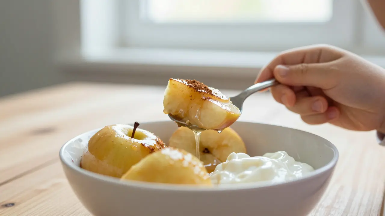 Dítě lžící podává pečená jablka s jogurtem do mísy na kuchyňském stole.