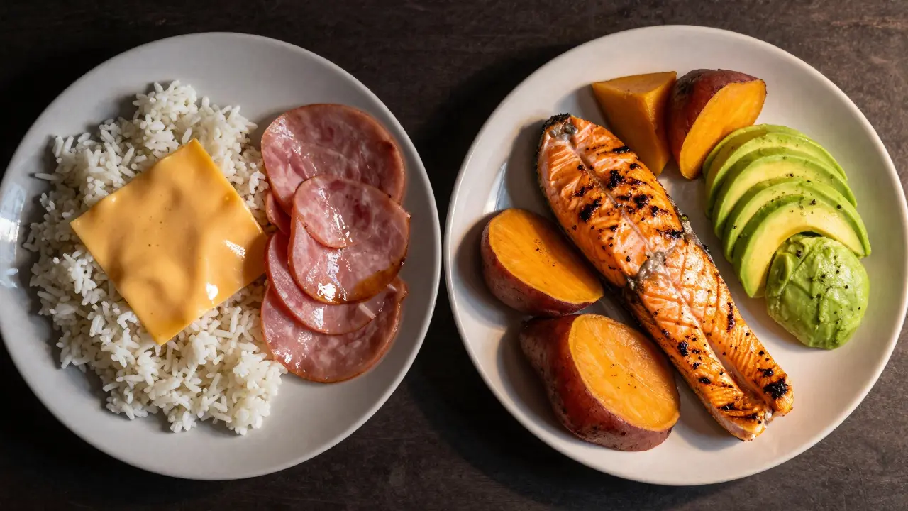 Dva protikladné obědy: nezdravý vlevo, zdravý vpravo s lososem a avokádem.
