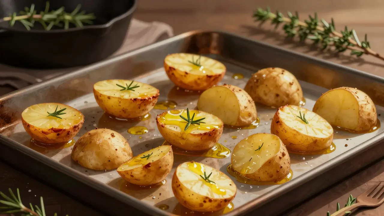Kousky brambor na pečení s olejem a tymiánem, křupavé okraje a teplá světlost.