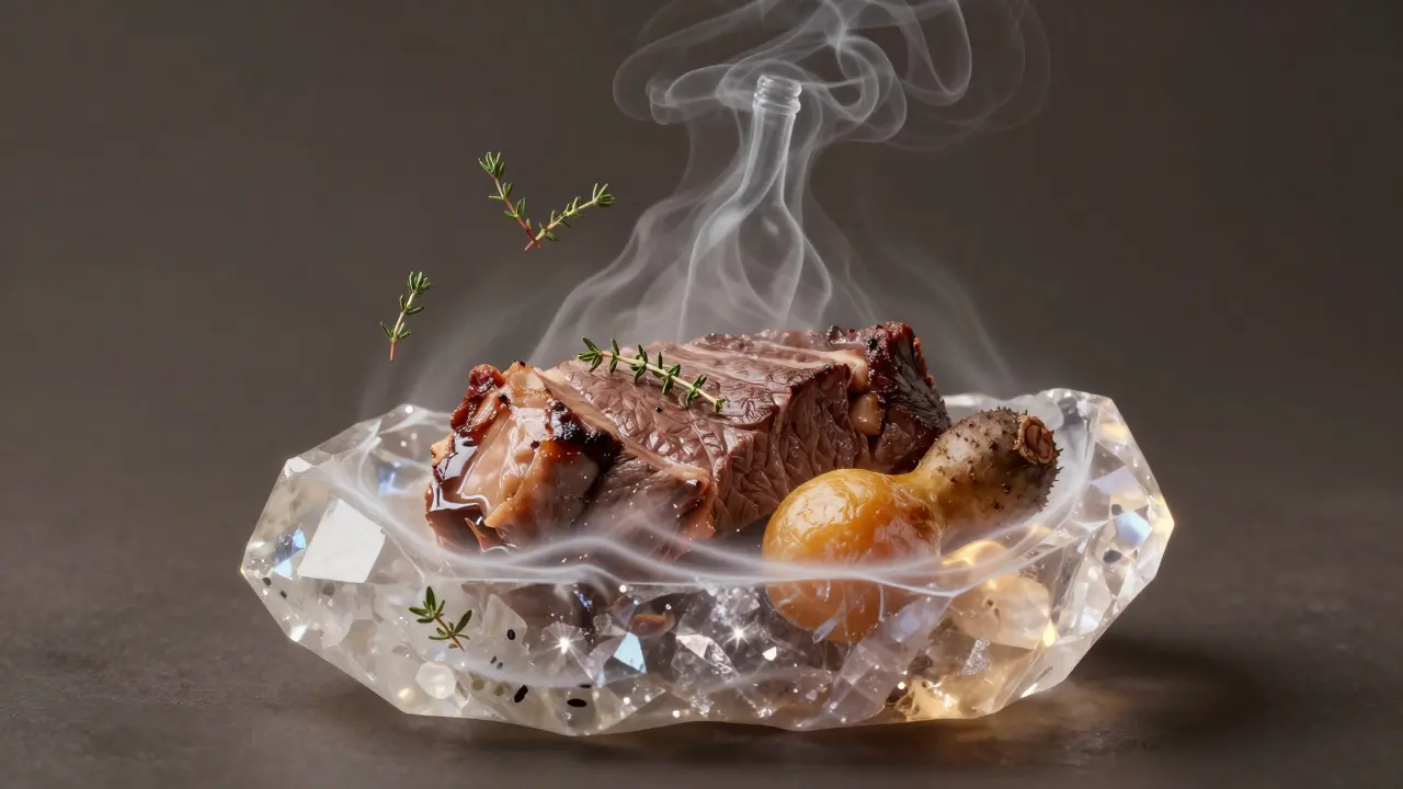 Křišťálová koule obsahující dušené potraviny, symbolizující zachování chuti a vlhkosti.