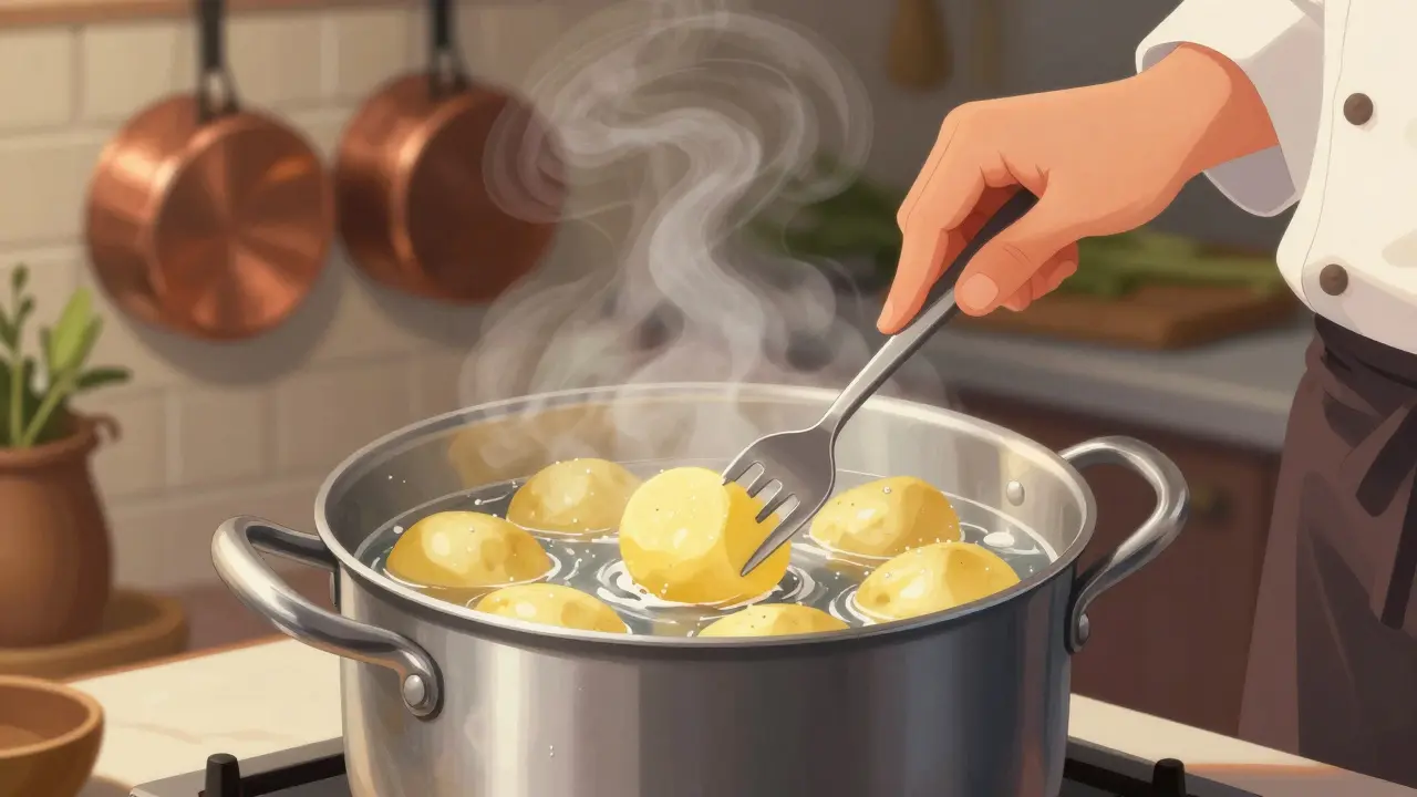 Kuchař zkouší vařené brambory vidličkou v hrnci