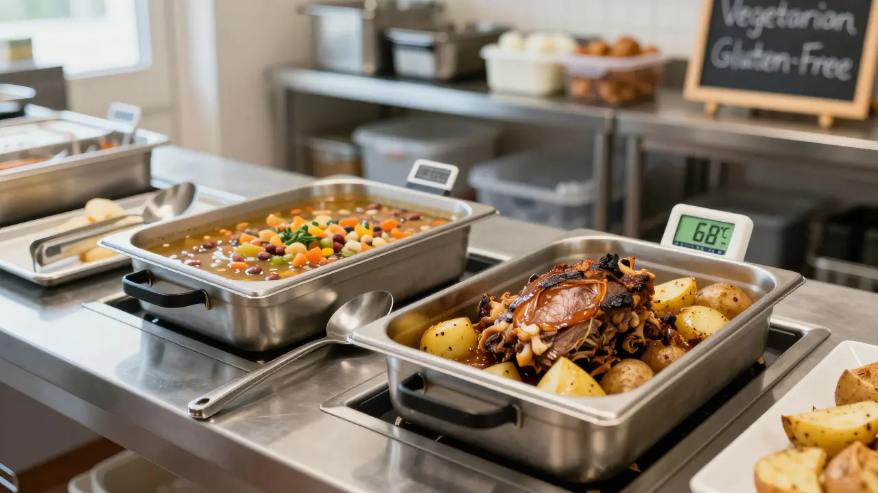 Kuchyňské stoly s teploměrem a nádobami na udržení tepla s polévkou a vepřovou plecí.