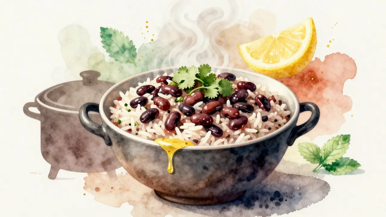 Pářená rýže s černou fazolí a koriandrem v parním hrnci