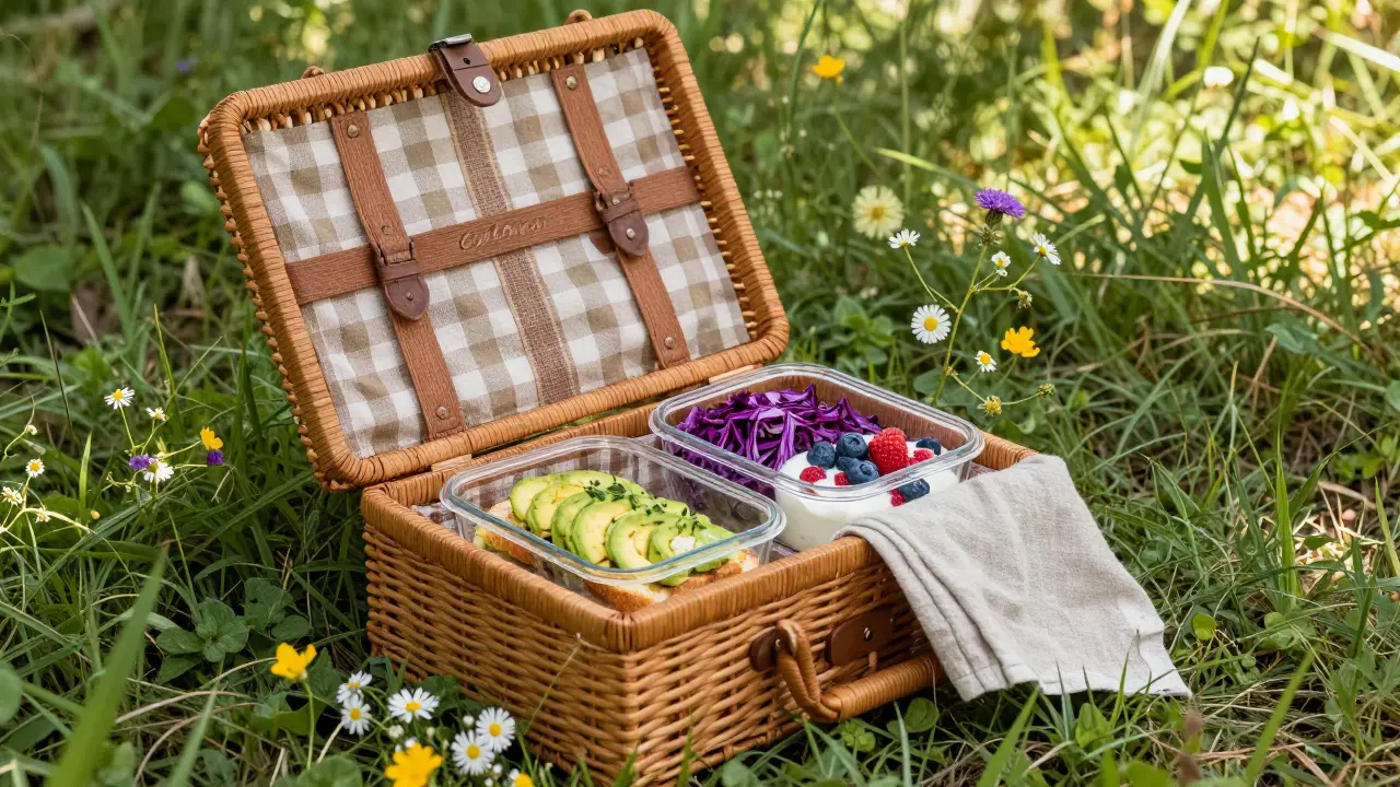 Picnic basket s avokádovým toastem, šalátem a jogurtem na trávě.