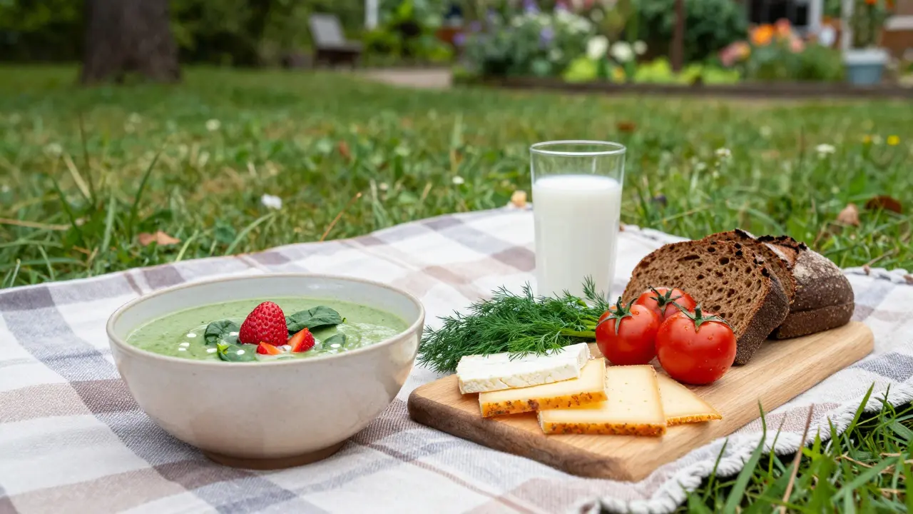 Piknikové jídlo na plátně: chladná polévka, sýry, rajčata, chléb a bylinky na trávě.