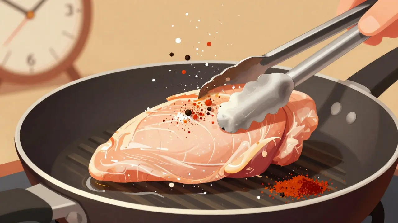 Převracení kuřecího prsíčka na pánvi s časovým odpočtem 5 minut.