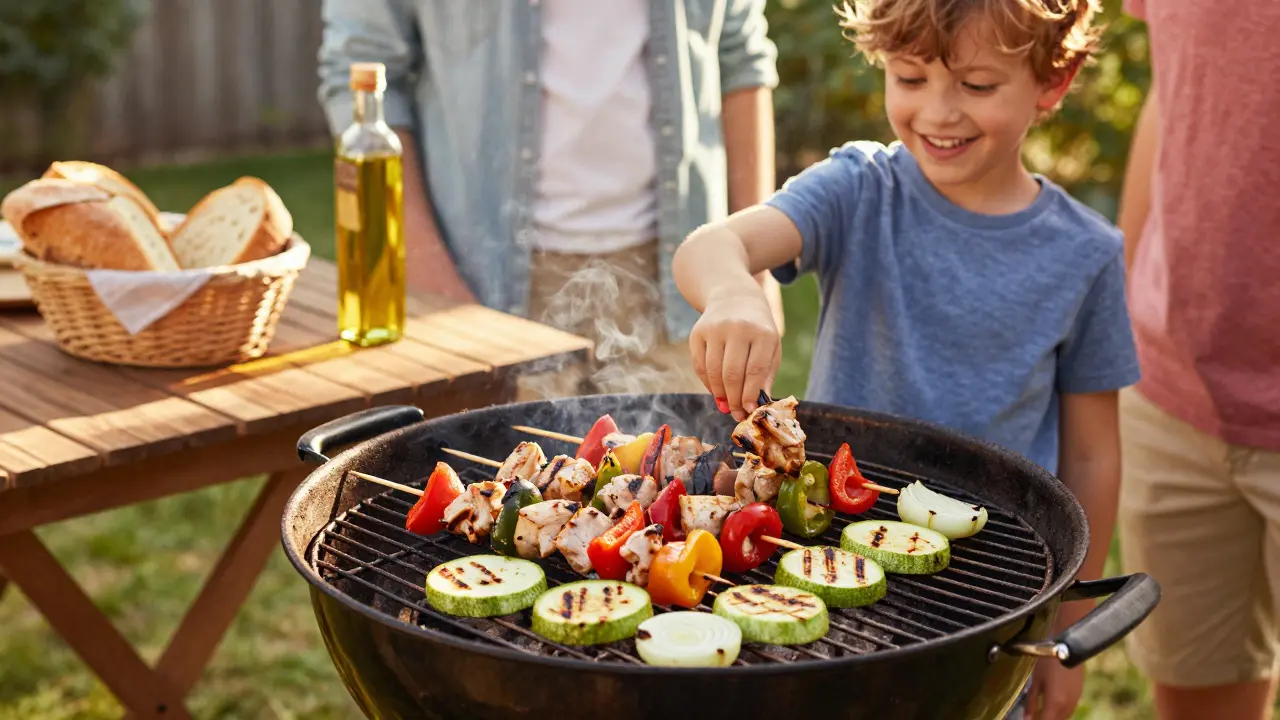 Rodina griluje kuřecí špice a zeleninu na zahradě v teplém odpoledním světle.