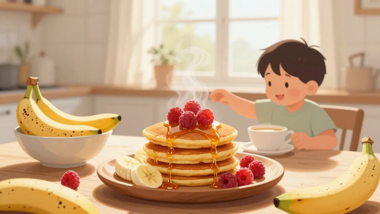 Rodina si užívá banánové palačinky s malinami a medem na snídani.