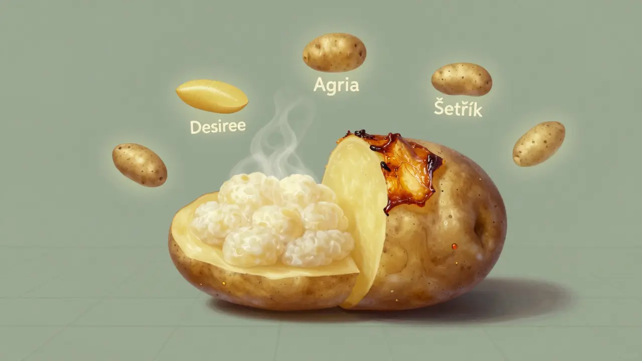 Rozříznutá brambora s měkkým vnitřkem a křupavou kůrou, s označenými druhy brambor.