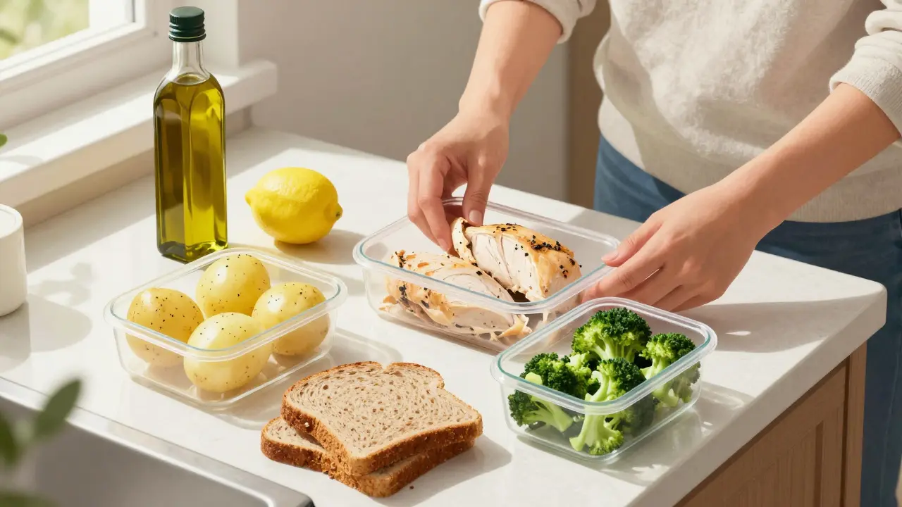 Rychlý oběd složený z připravených zdravých ingrediencí na kuchyňské desce.