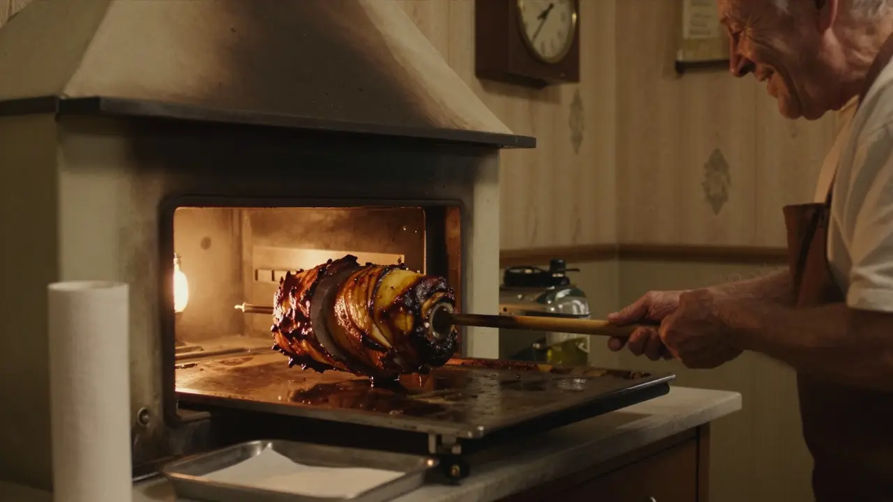Starý pekař vytahující zapečenou pečeně z trouby Mora s dřevěnou špejlí v ruce.