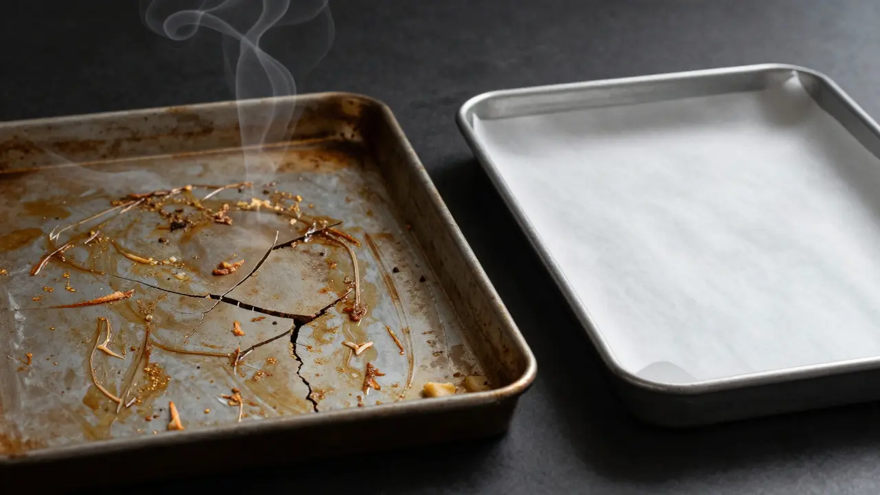 Starý poškozený plech vedle nového s papírem na pečení.