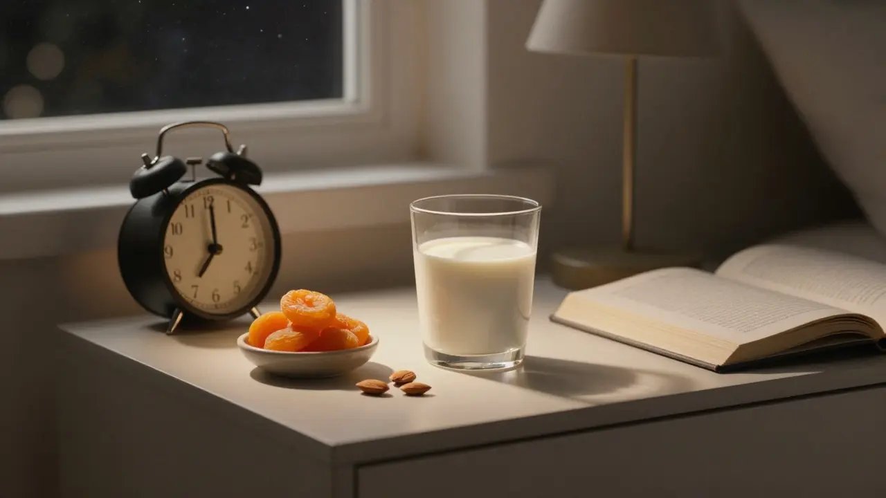 Teplé mléko, sušené meruňky a mandle na nočním stolku před spaním.