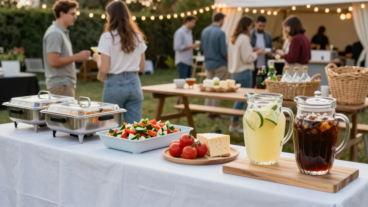 Tři zóny podávání jídla: horké, studené a nápoje, při oslavě venku s řádně uspořádanými stoly.