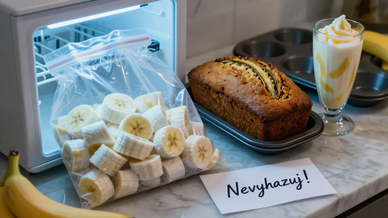 Zmrznuté kousky banánů vedle banánového chleba a muffinů na kuchyňském stole.