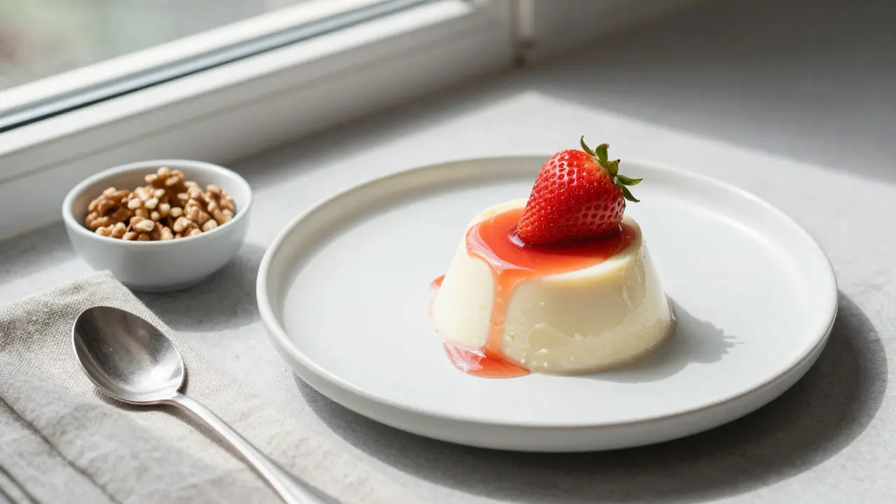 Dessert panna cotta s medem a jahodou na minimalistickém talíři.