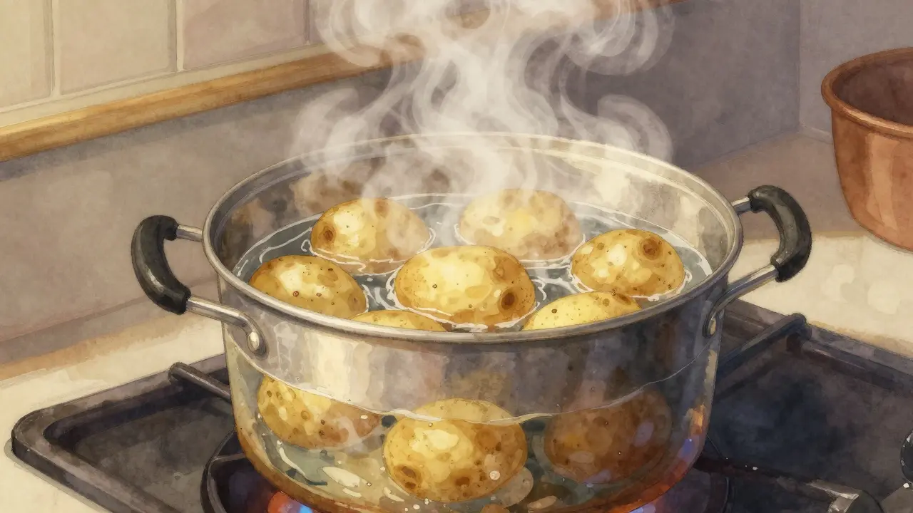 Hrnek s párním košem a bramborami, pára stoupá.