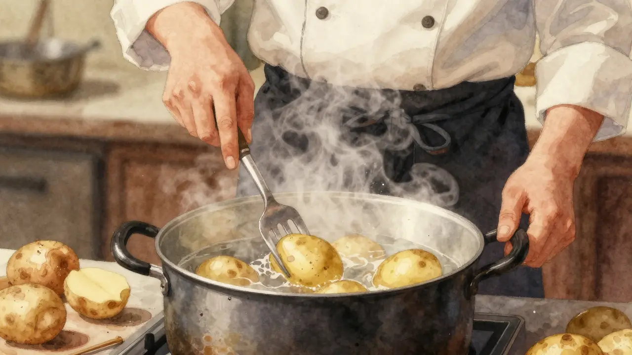 Kuchař zkouší brambory vidličkou v hrnci s párou