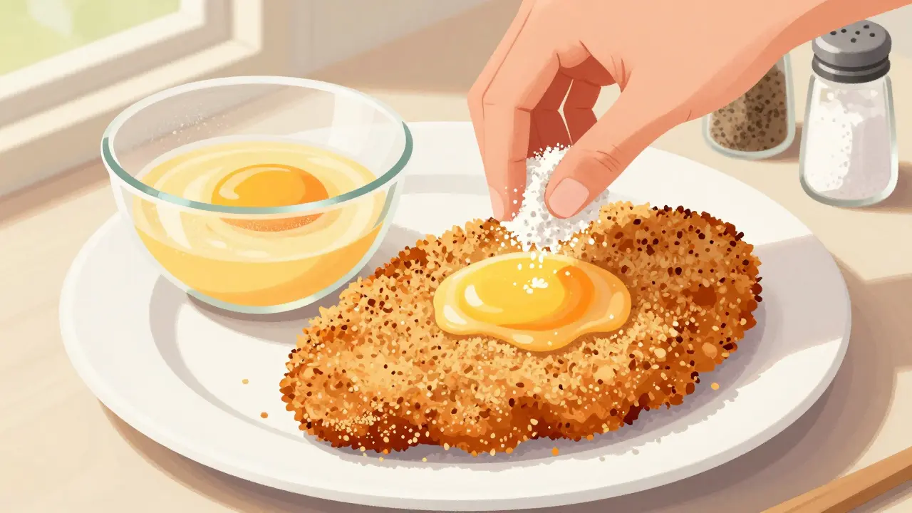 Kuřecí řízek během panířování: mouka, vejce a krupice na talíři.