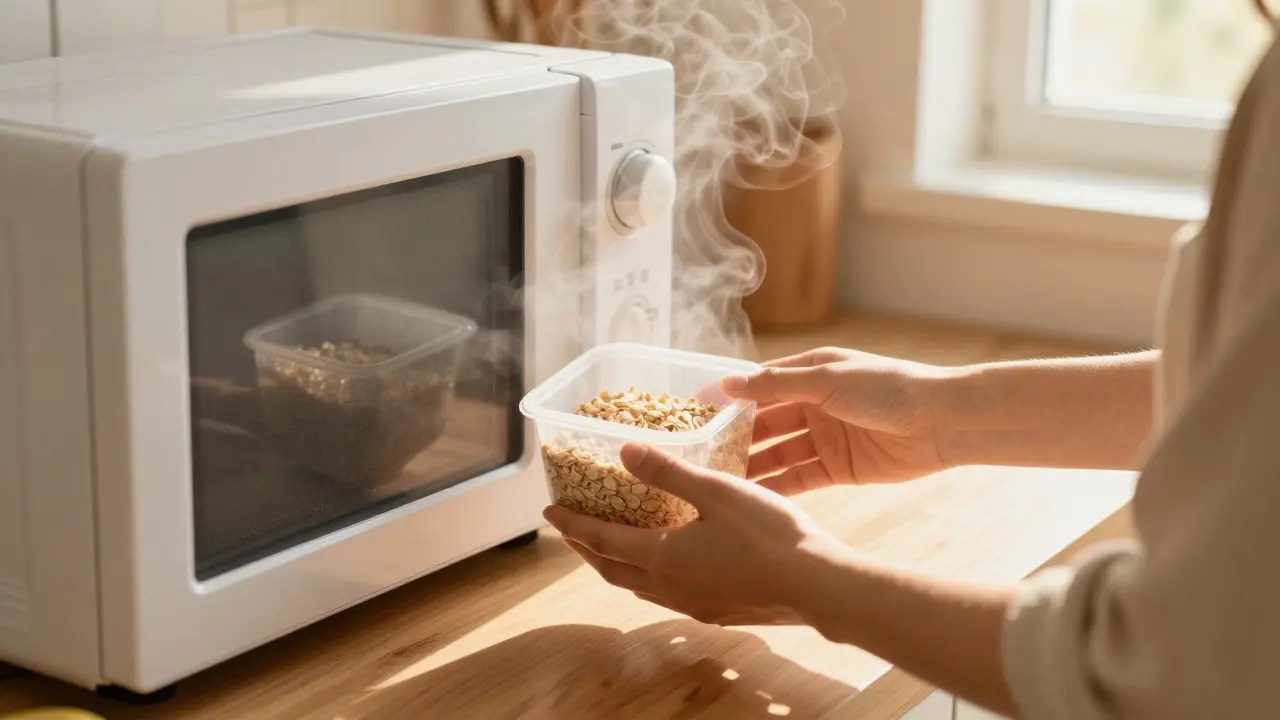 Osoba přikládá zamrznutou ovesnou kaši do mikrovlnky