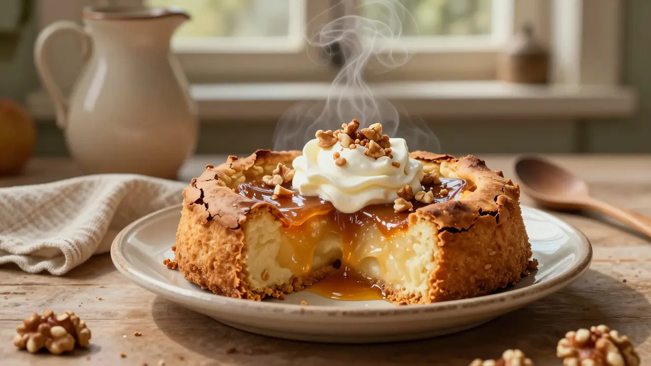 Pečené jablko na talíři s klasickým doplňkem smetany a vlašskými oříšky, teplé a čerstvé.