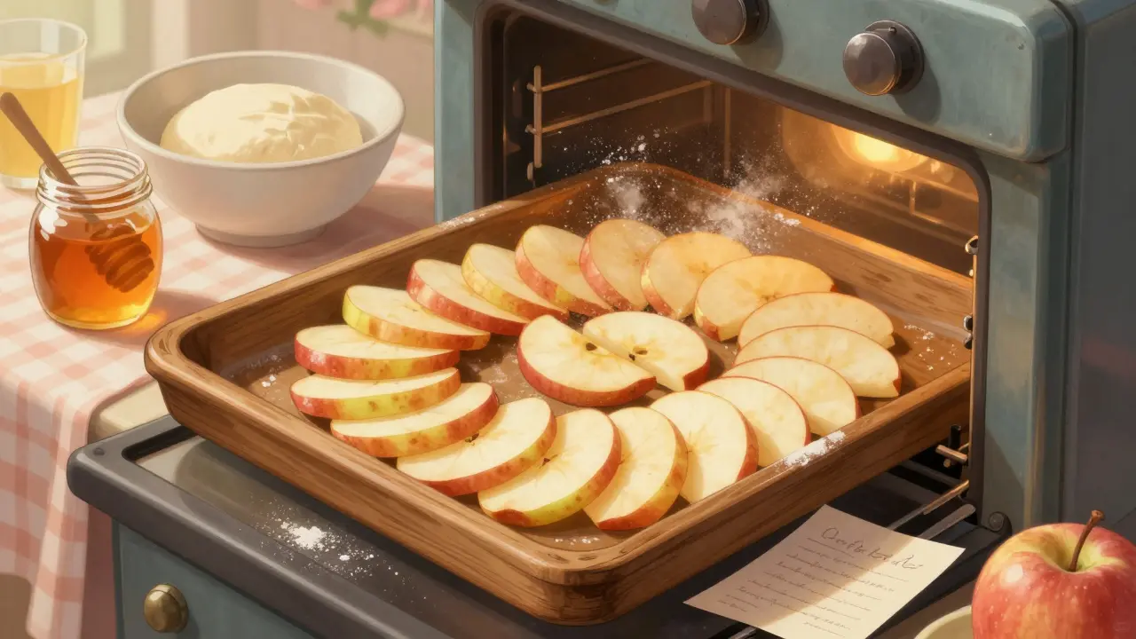 Pekáč s tenkými jablkovými čipsy v troubě, teplé světlo a hned vedle výměs těsta.